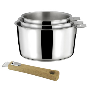 Série de 3 casseroles 16/18/20cm inox avec poignée effet bois clair